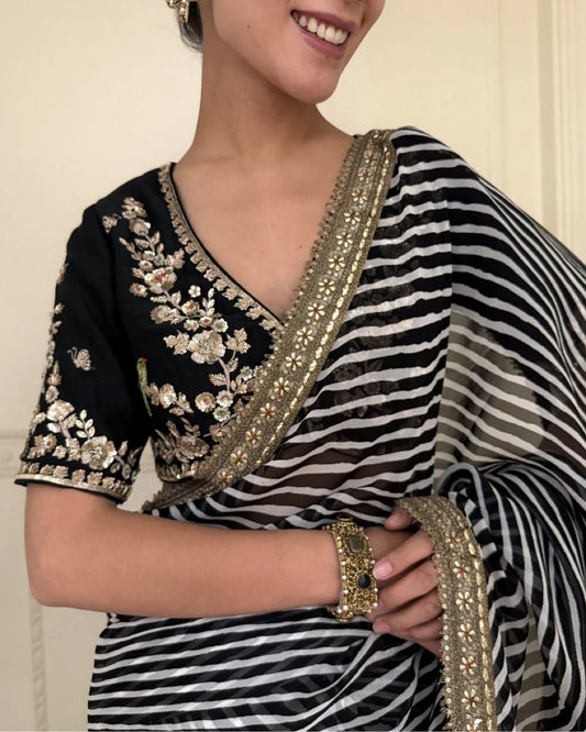 Jubilant Black Georgette Silk Printed Sequence Embroidery Work Saree