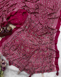 Classy Dark Pink Crape Silk Ajrakh Printed Mirror Work Saree