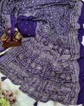 Improbable Navy Blue Crape Silk Ajrakh Printed Mirror Work Saree