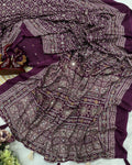 Demesne Purple Crape Silk Ajrakh Printed Mirror Work Saree