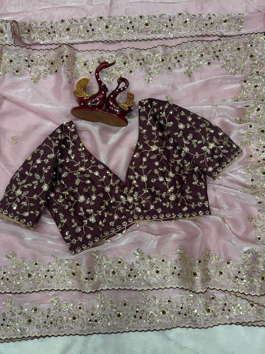 Pulsating Baby Pink Jimmy Choo Sequence Embroidery Work Saree With Stitched Blouse