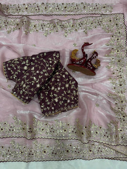 Pulsating Baby Pink Jimmy Choo Sequence Embroidery Work Saree With Stitched Blouse