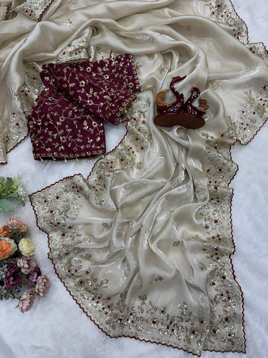 Refreshing Beige Jimmy Choo Sequence Embroidery Work Saree With Stitched Blouse