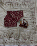 Refreshing Beige Jimmy Choo Sequence Embroidery Work Saree With Stitched Blouse
