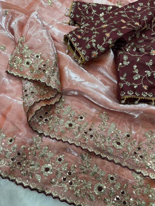 Proficient Peach Jimmy Choo Sequence Embroidery Work Saree With Stitched Blouse