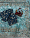 Sophisticated Sky Jimmy Choo Sequence Embroidery Work Saree With Stitched Blouse