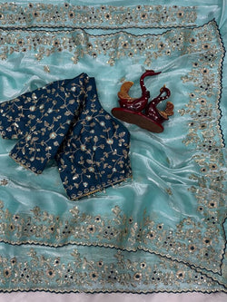 Sophisticated Sky Jimmy Choo Sequence Embroidery Work Saree With Stitched Blouse