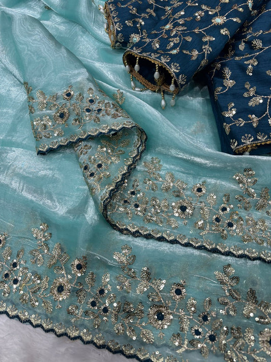 Sophisticated Sky Jimmy Choo Sequence Embroidery Work Saree With Stitched Blouse