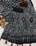 Desultory Black Crape Silk Ajrakh Printed Mirror Work Saree