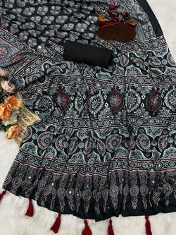 Desultory Black Crape Silk Ajrakh Printed Mirror Work Saree