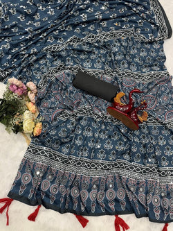 Denouement Blue Crape Silk Ajrakh Printed Mirror Work Saree