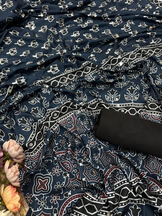 Denouement Blue Crape Silk Ajrakh Printed Mirror Work Saree