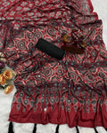 Quixotic Red Crape Silk Ajrakh Printed Mirror Work Saree