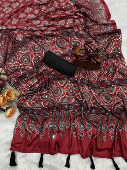 Quixotic Red Crape Silk Ajrakh Printed Mirror Work Saree