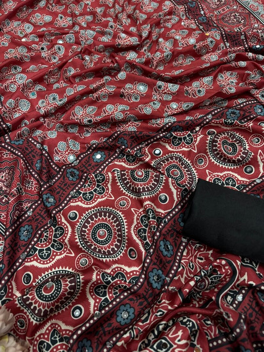 Quixotic Red Crape Silk Ajrakh Printed Mirror Work Saree