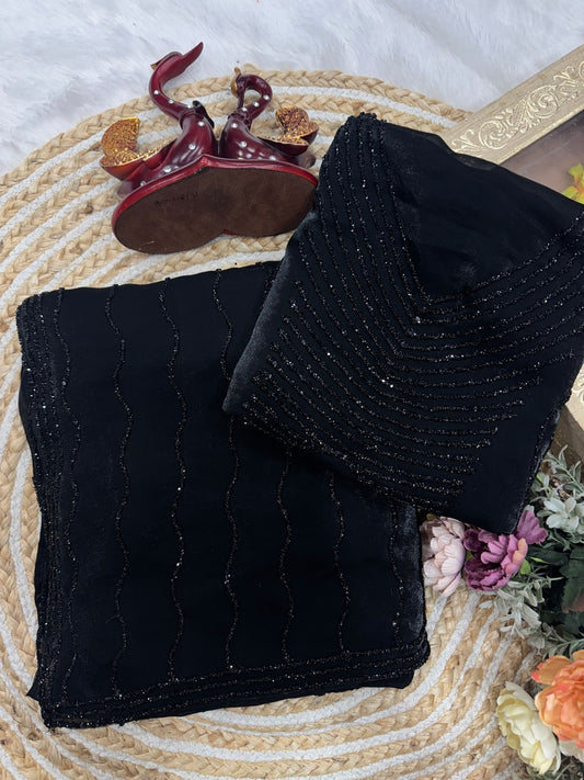 Fantabulous Black Fandy Silk Diamond Work Saree
