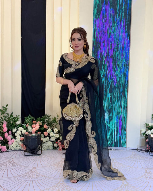 Glorious Black Rangoli Silk Sequence Embroidery Work Saree