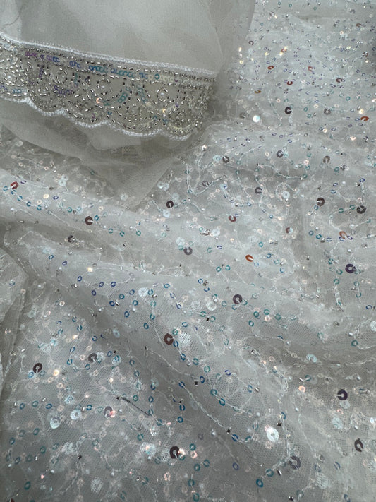 Lassitude Off White Soft Net Sequence Embroidery Work Saree