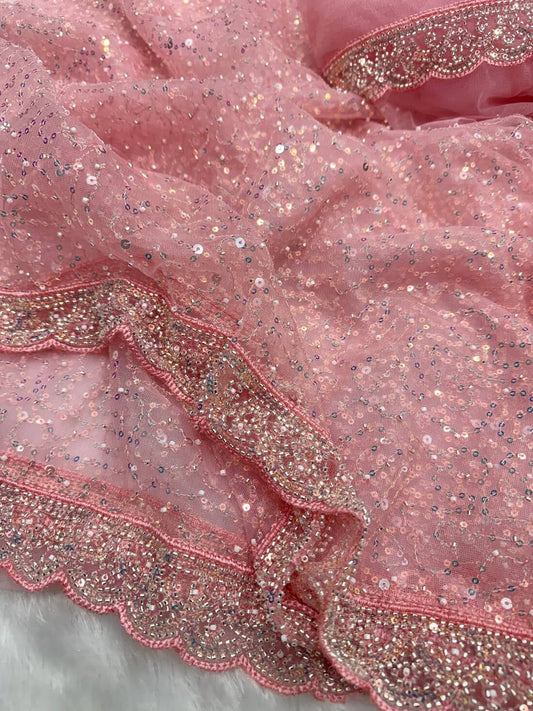 Sensational Pink Soft Net Sequence Embroidery Work Saree