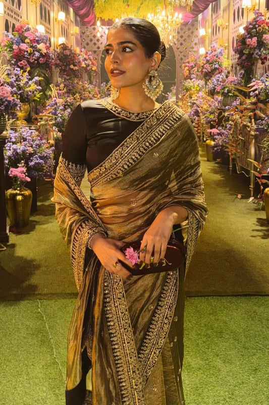 Classic Golden Soft Net Sequence Embroidery Work Saree