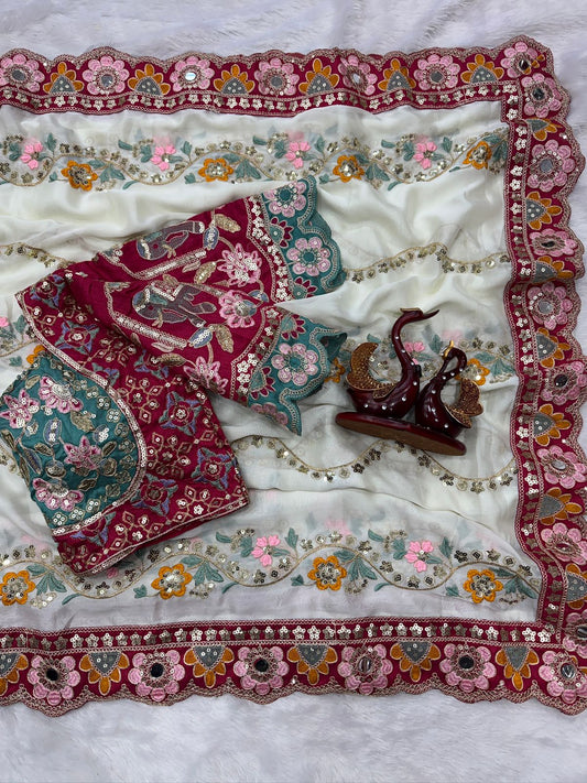 Effulgent Beige Rangoli Silk Sequence Embroidery Work Saree With Stitched Blouse