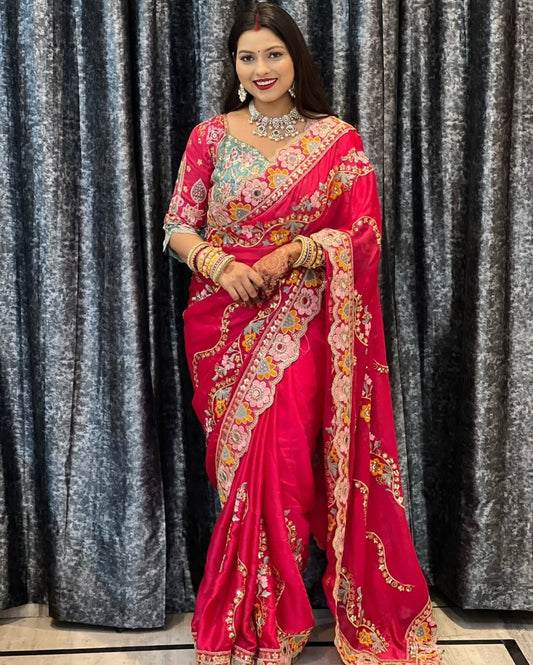 Seraphic Dark Pink Rangoli Silk Sequence Embroidery Work Saree With Stitched Blouse