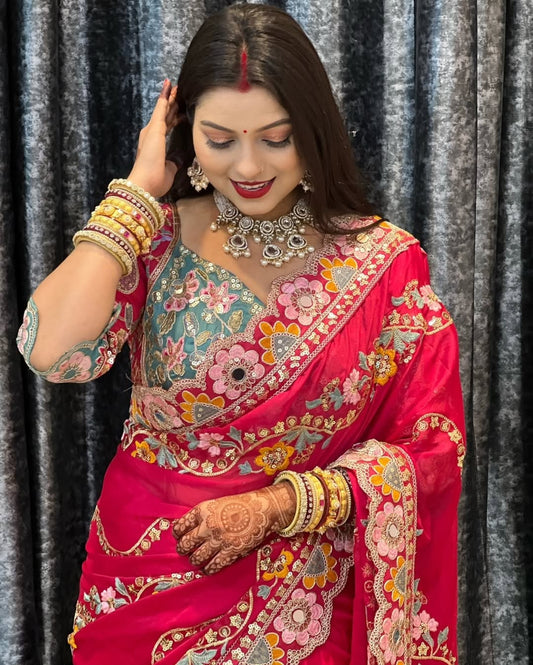 Seraphic Dark Pink Rangoli Silk Sequence Embroidery Work Saree With Stitched Blouse