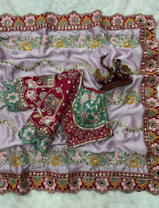 Adorable Lavender Rangoli Silk Sequence Embroidery Work Saree With Stitched Blouse