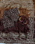 Stunner Brown Fandy Chiffon Silk Sequence Embroidery Work Saree With Stitched Blouse