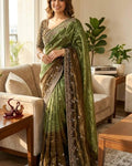 Evocative Green Fandy Chiffon Silk Sequence Embroidery Work Saree With Stitched Blouse