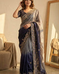 Adorning Navy Blue Fandy Chiffon Silk Sequence Embroidery Work Saree With Stitched Blouse