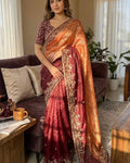 Pleasant Peach Fandy Chiffon Silk Sequence Embroidery Work Saree With Stitched Blouse