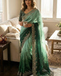 Eloquence Rama Fandy Chiffon Silk Sequence Embroidery Work Saree With Stitched Blouse