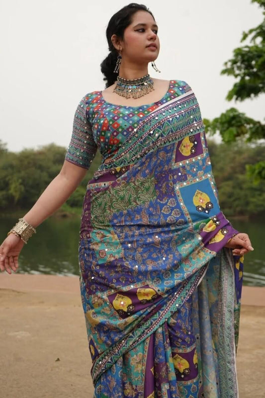 Pulsating Multicolor Chinon Silk Printed Mirror Work Saree