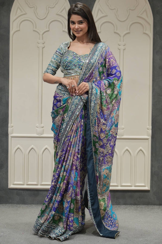 Preferable Multicolor Chinon Silk Printed Mirror Work Saree