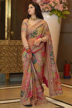 Surreptitious Multicolor Chinon Silk Printed Mirror Work Saree
