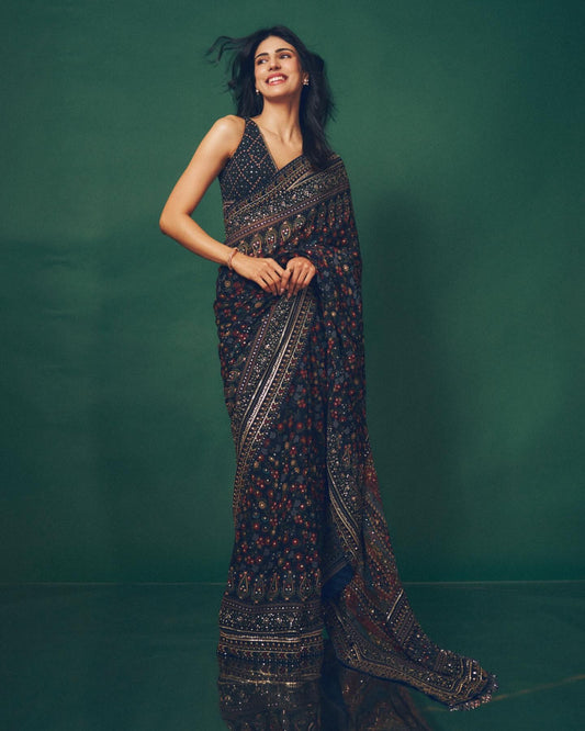 Splendorous Navy Blue Georgette Silk Printed Sequence Diamond Work Saree