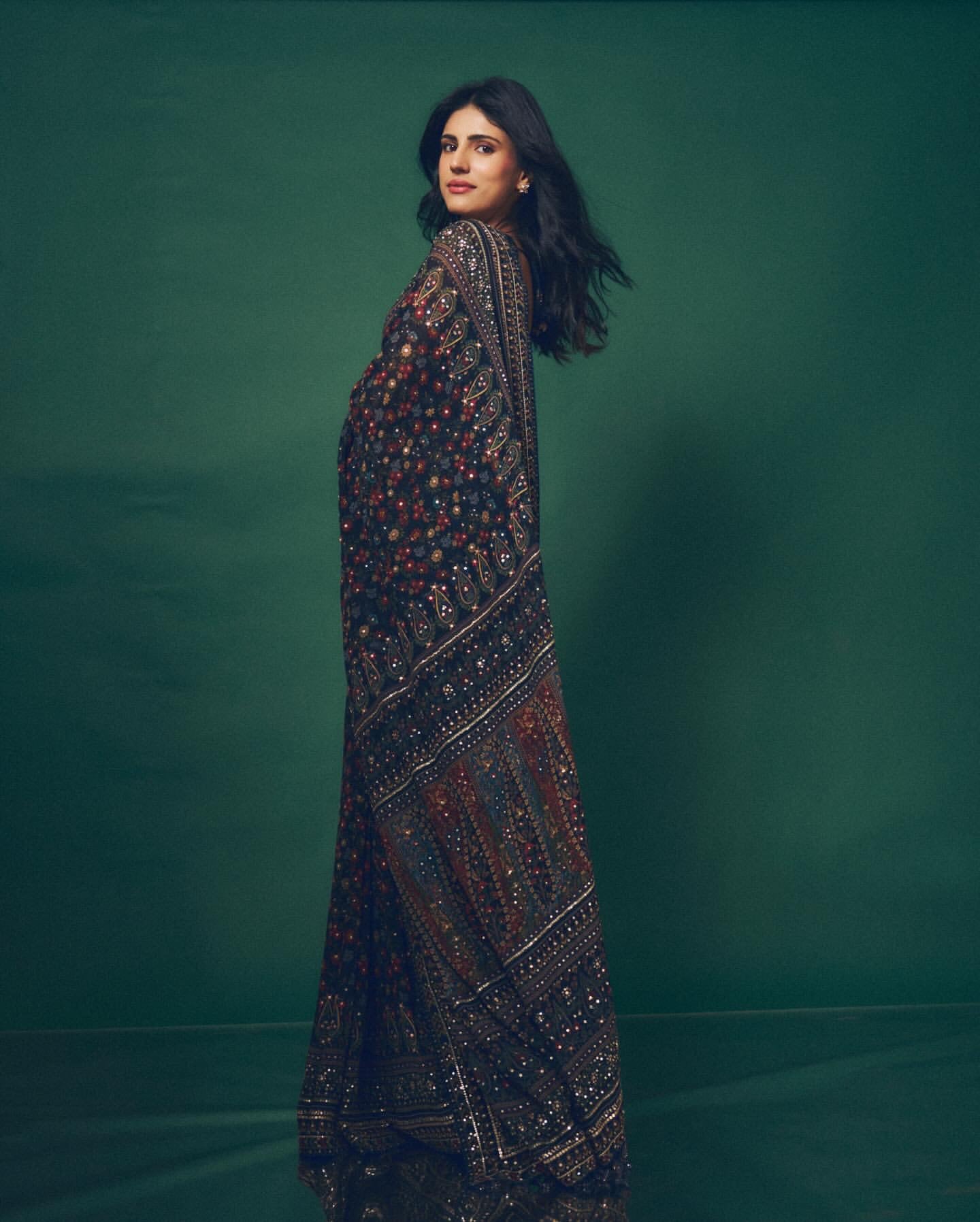 Splendorous Navy Blue Georgette Silk Printed Sequence Diamond Work Sar ...