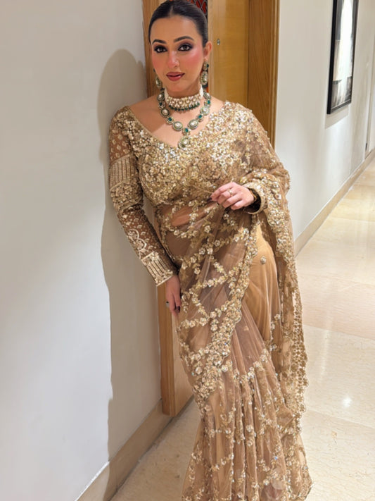 Ineffable Brown Soft Net Sequence Embroidery Work Saree