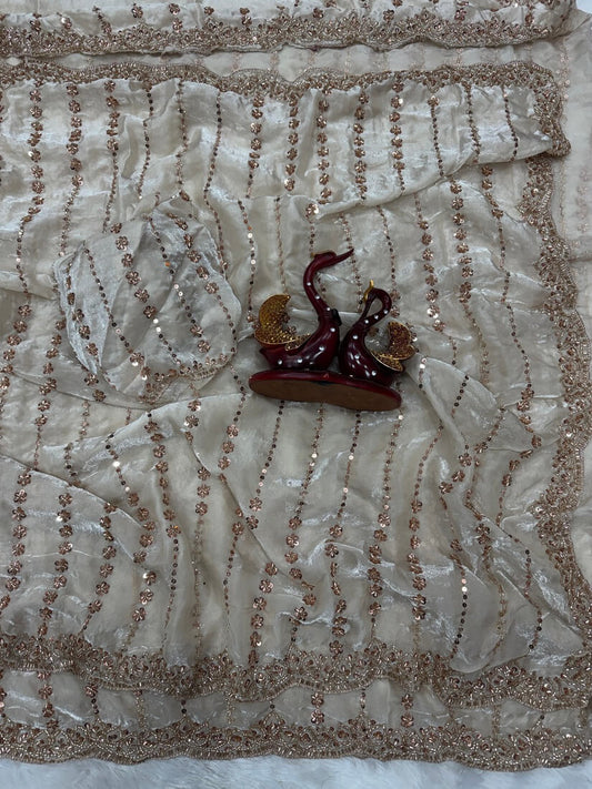 Ailurophile Off White Fandy Silk Sequence Embroidery Work Saree