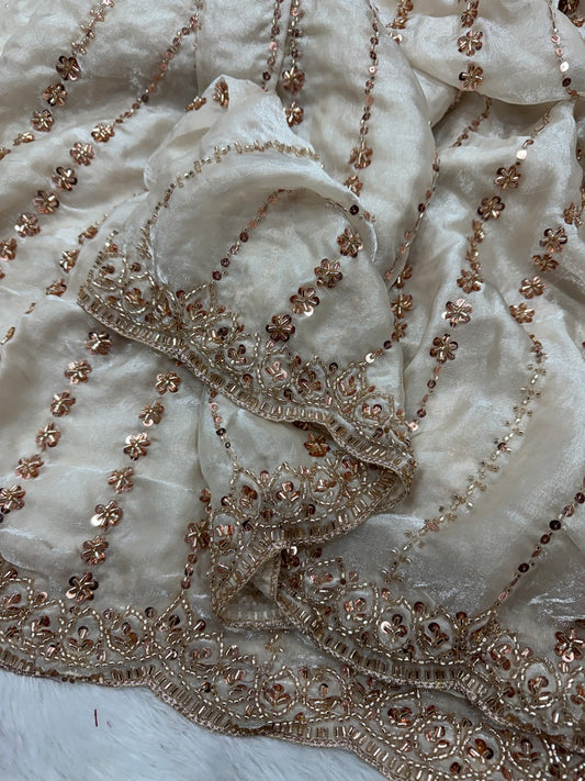 Ailurophile Off White Fandy Silk Sequence Embroidery Work Saree