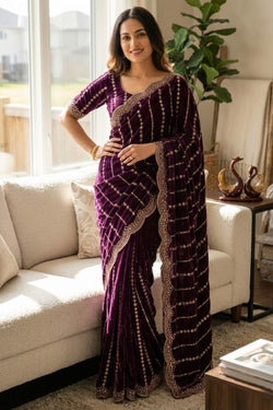 Amazing Wine Fandy Silk Sequence Embroidery Work Saree