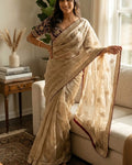 Felicitous Beige Fandy Silk Sequence Embroidery Work Saree With Stitched Blouse