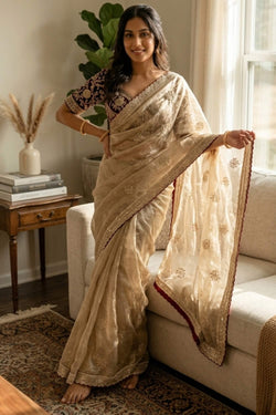 Felicitous Beige Fandy Silk Sequence Embroidery Work Saree With Stitched Blouse