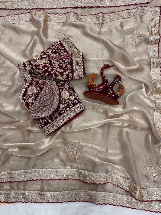 Felicitous Beige Fandy Silk Sequence Embroidery Work Saree With Stitched Blouse