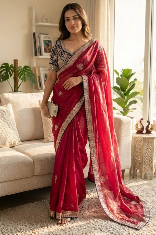 Petrichor Dark Pink Fandy Silk Sequence Embroidery Work Saree With Stitched Blouse