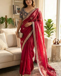 Petrichor Dark Pink Fandy Silk Sequence Embroidery Work Saree With Stitched Blouse
