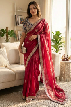 Petrichor Dark Pink Fandy Silk Sequence Embroidery Work Saree With Stitched Blouse