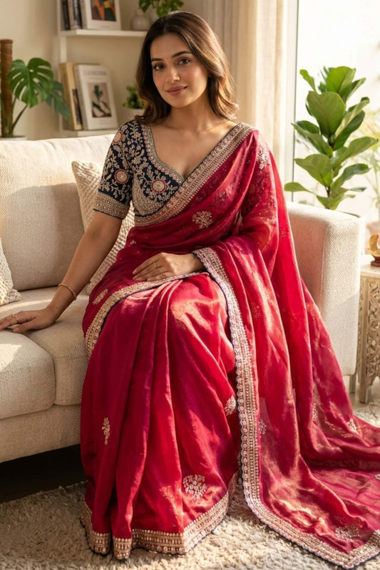 Petrichor Dark Pink Fandy Silk Sequence Embroidery Work Saree With Stitched Blouse