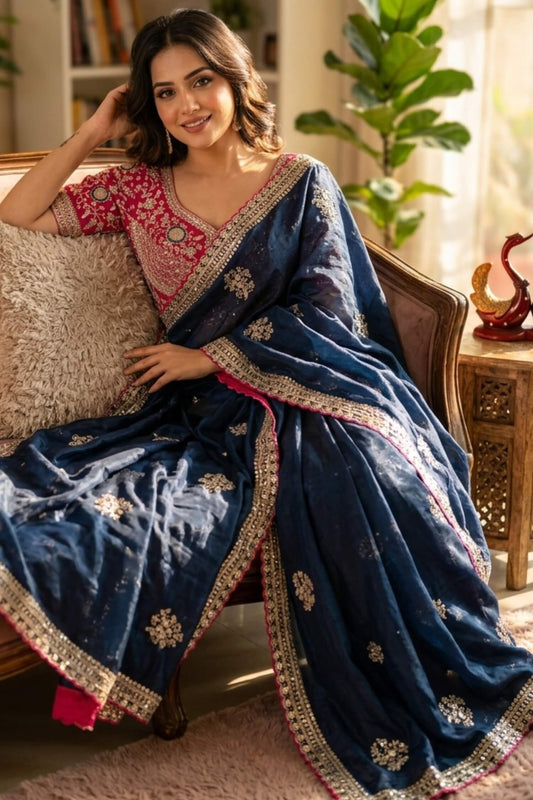 Flameboyant Navy Blue Fandy Silk Sequence Embroidery Work Saree With Stitched Blouse